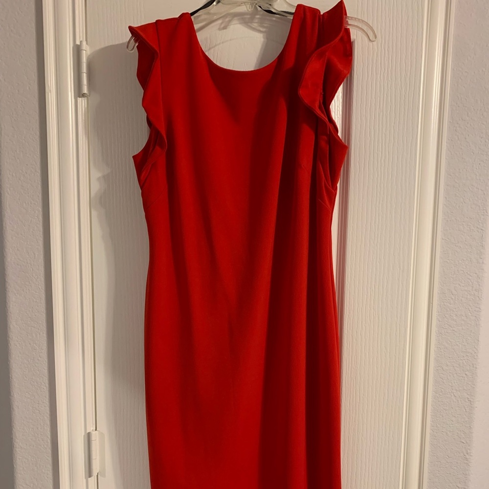 Red sleeveless knee length dress size 14.